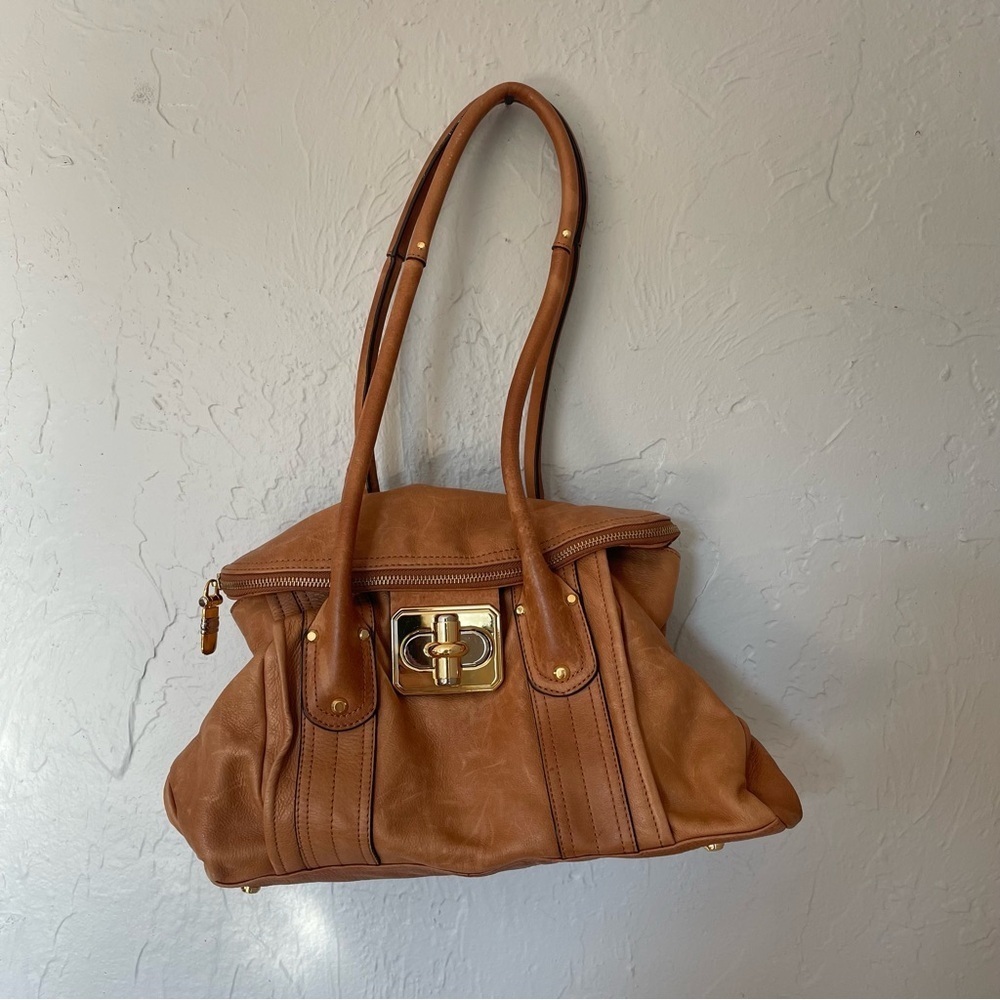 B Makowsky Tan Leather Shoulder Bag Satchel with Gold Accents